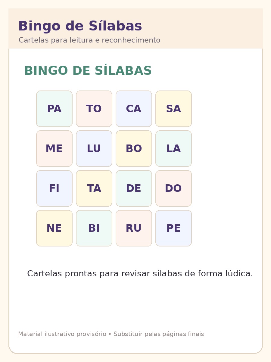 Prévia ilustrativa de bingo de sílabas